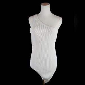 GUESS White One-Shoulder Ribbed Bodysuit Asymmetrical Neckline Size XL